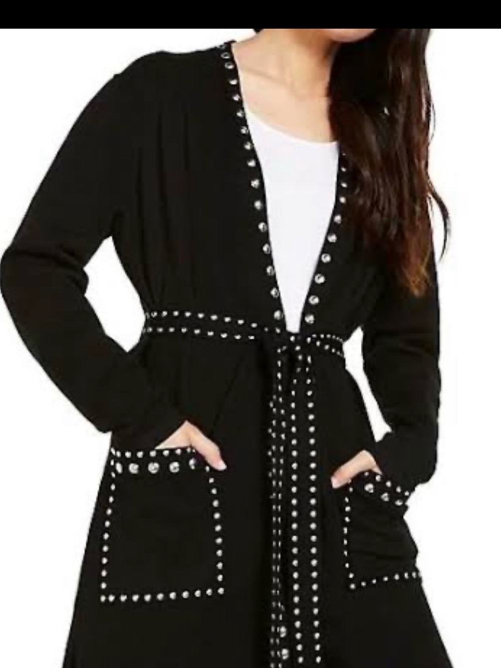 INC International Concepts Black Open-Front Cardigan with Gold Studs